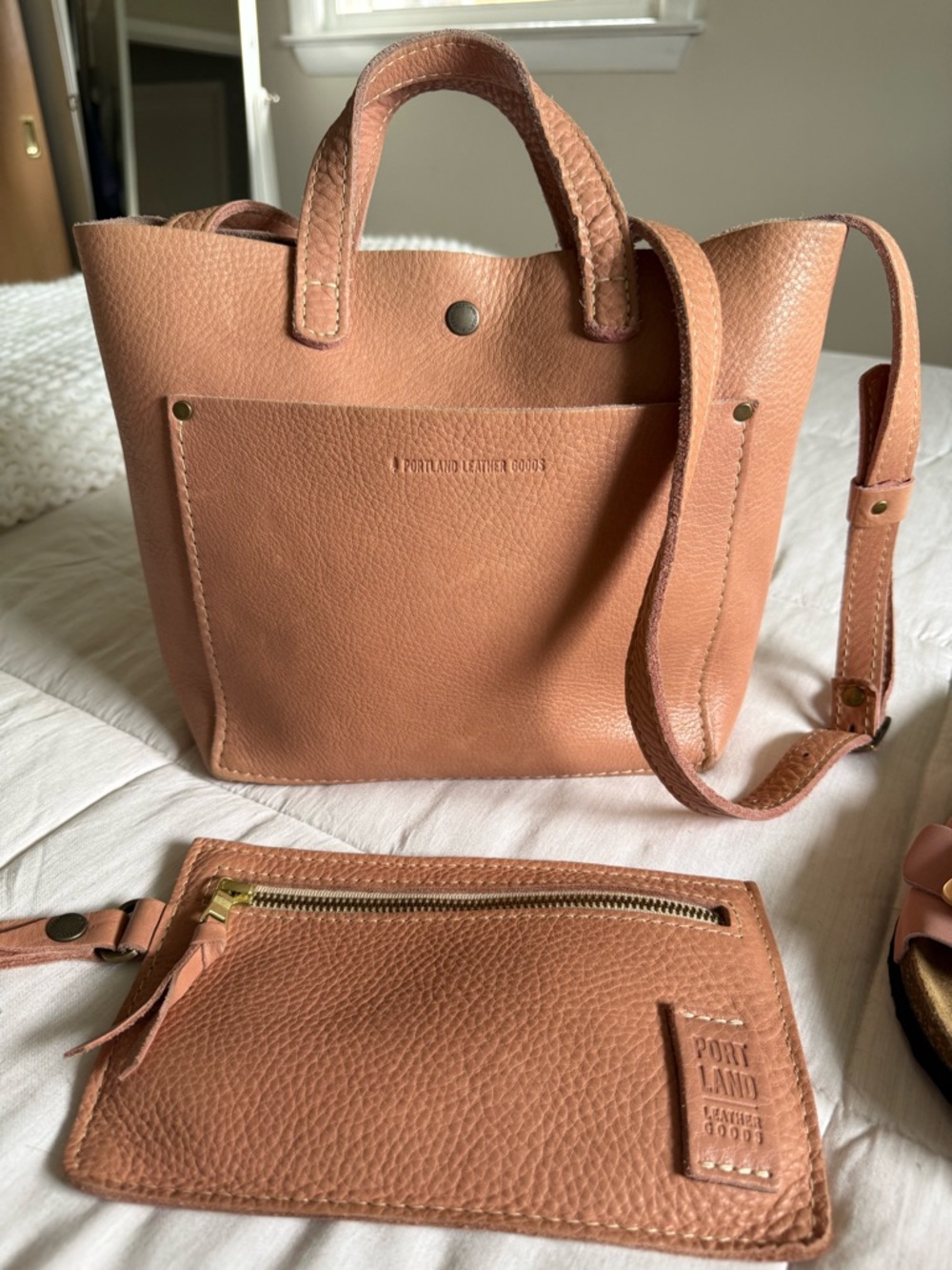 Portland Leather Salmon/Tan Pebbled Leather Tote with Crossbody Strap